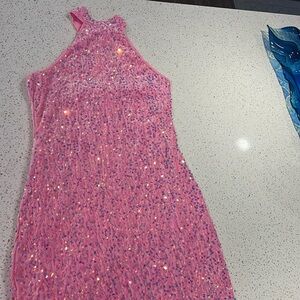 High neck pink sequin dress